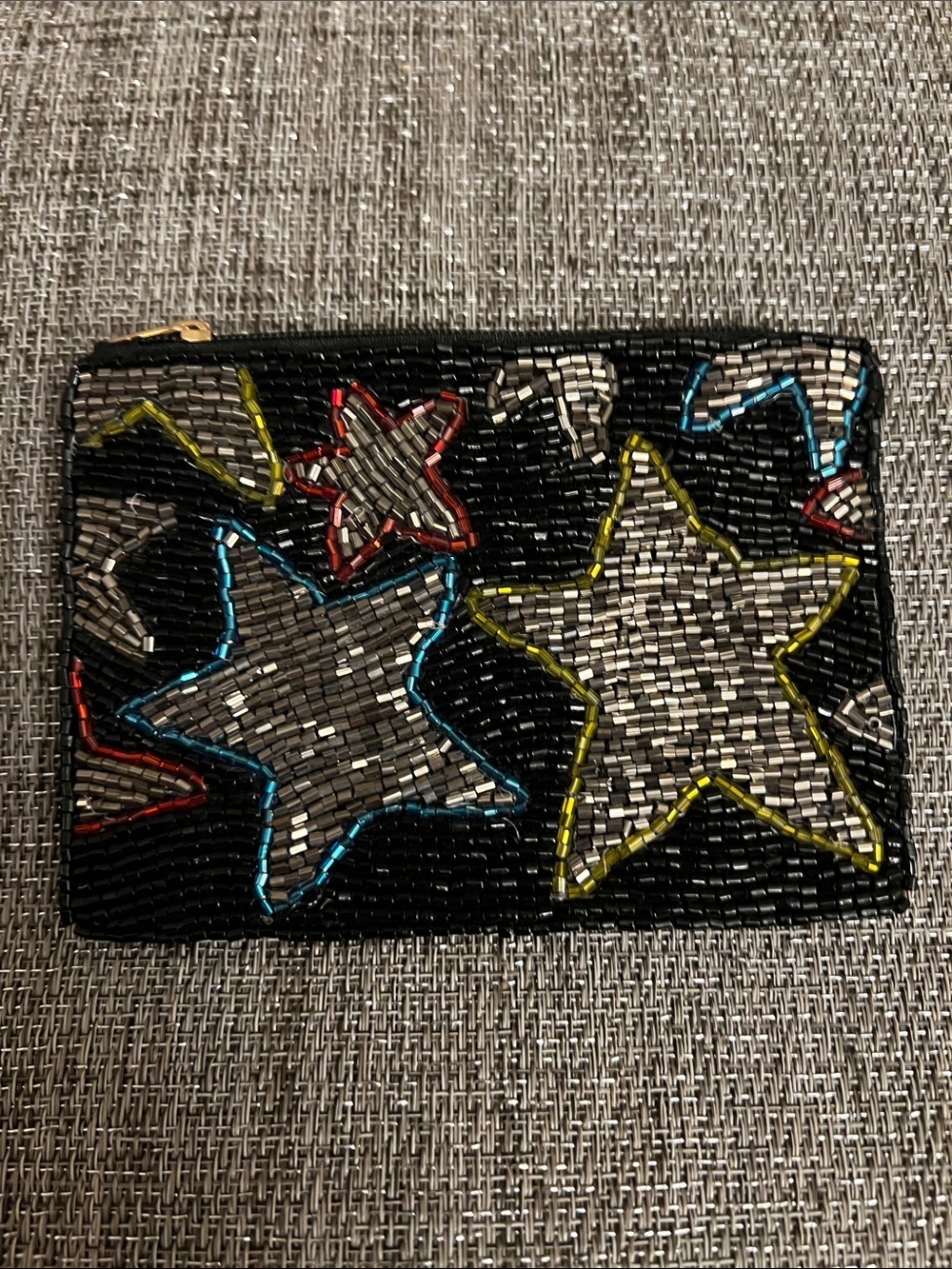 Beaded Star Zip Pouch - Black with Multicolor Stars